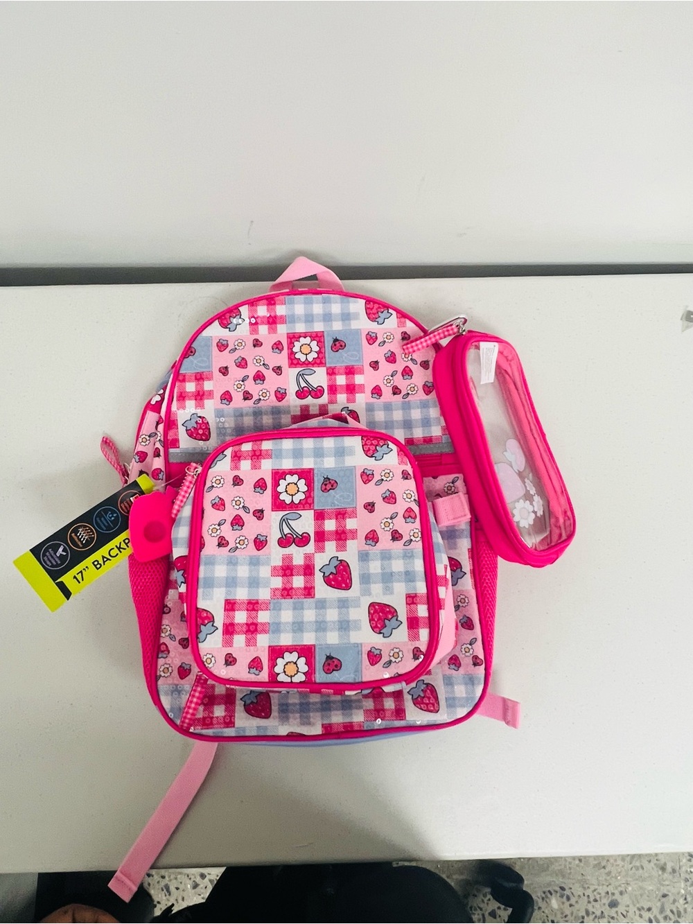 Pink Strawberry Patch Kids Backpack with Pencil Case and lunch box set